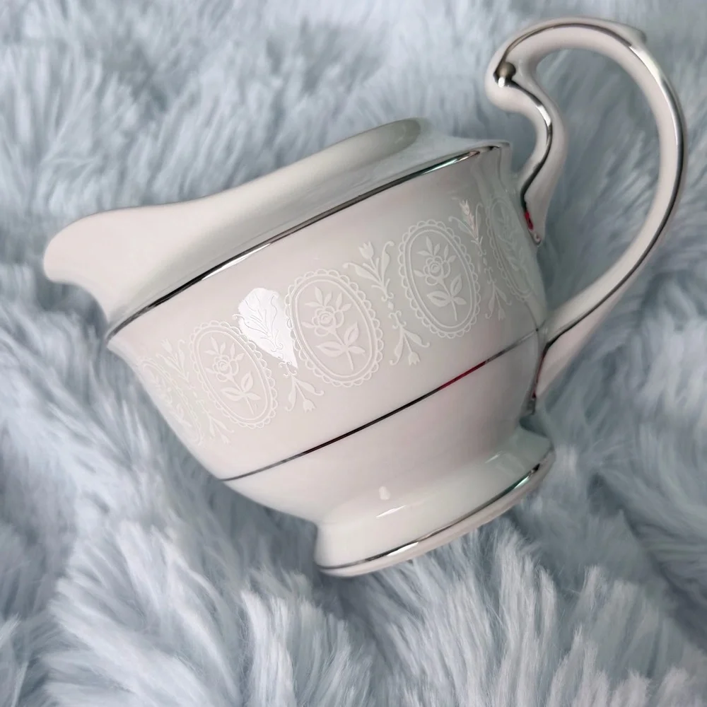 Vintage Creamer Sone China Japan Moderne 2467 Platinum Trim White Floral Scroll